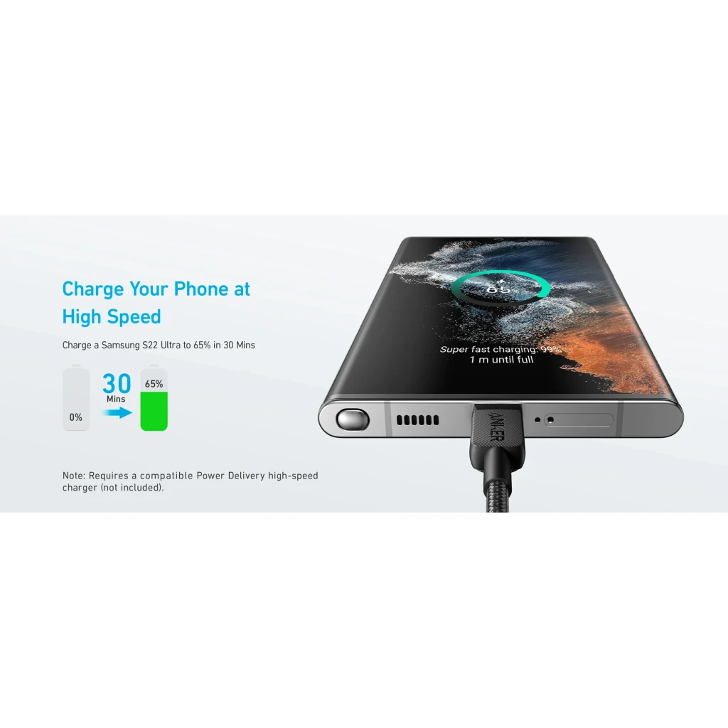 Cable usb Anker 322 USB-C a USB-C 60W 0,9m Negro, uso: conector insertado en Samsung S22 Ultra cargando al 65% en 30 min