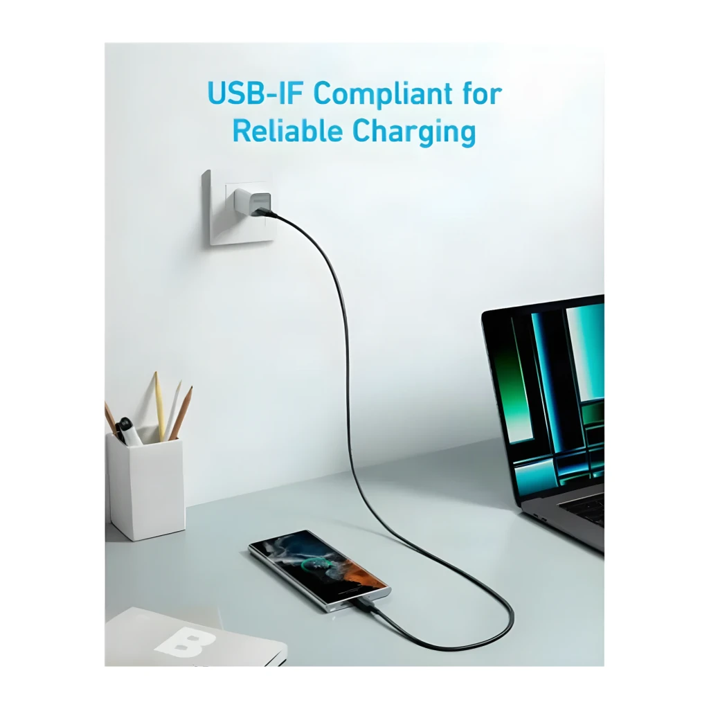 Cable usb Anker 322 USB-C a USB-C 60W 0,9m Negro, escena: conectado a cargador de pared cargando smartphone sobre escritorio