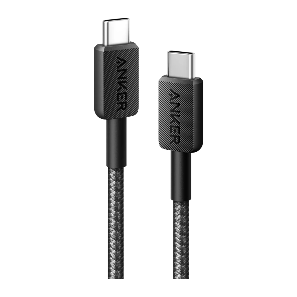 Cable usb Anker 322 USB-C a USB-C 60W 0,9m Negro, detalle: ambos conectores USB-C con trenzado negro y logo Anker en relieve