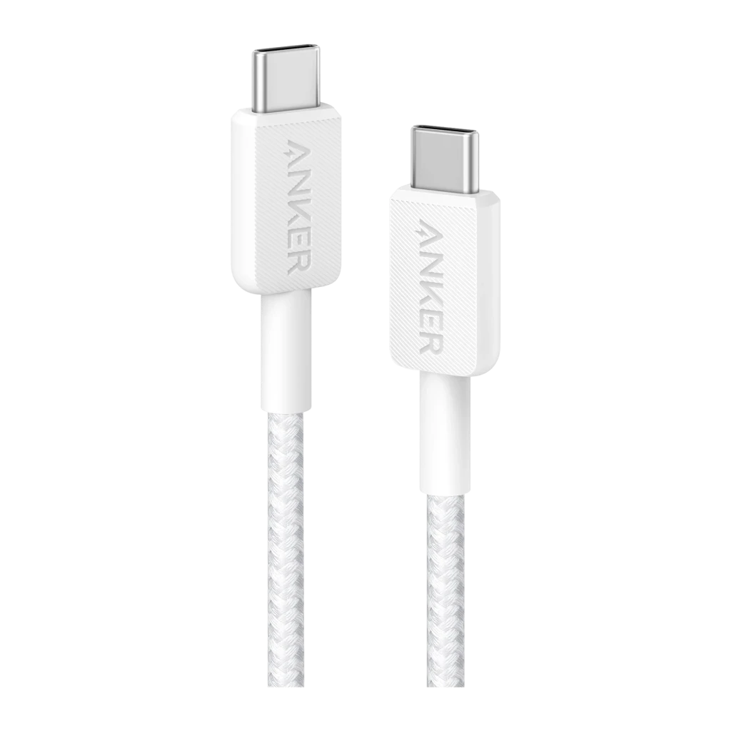 Cable usb Anker 322 USB-C a USB-C 60W 0,9m Blanco, vista frontal: dos conectores USB-C con logo Anker y trenzado blanco
