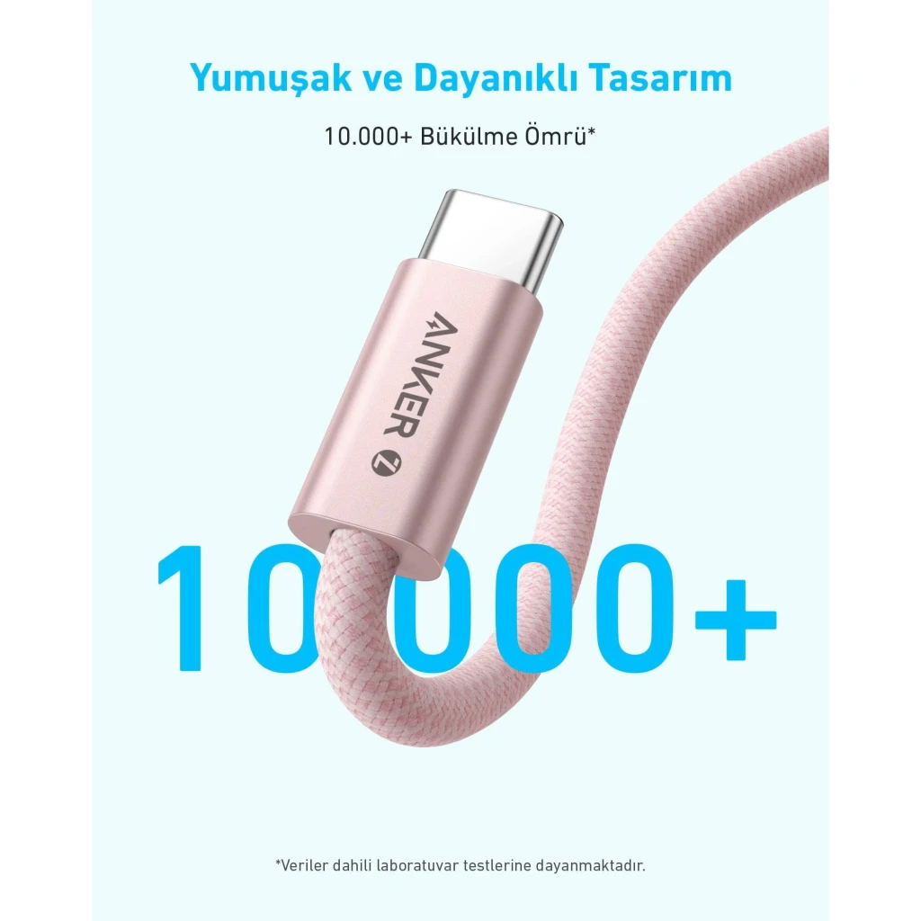 Câble USB Anker USB-C vers USB-C 1m 240W Noir A8060H11, détail: connecteur USB-C tressé rose avec 10000+ cycles de flexion