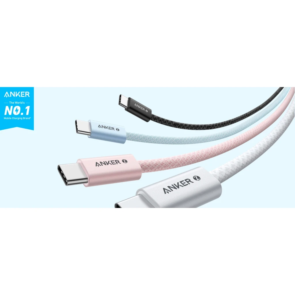 Câble USB Anker USB-C vers USB-C 240W 1m Blanc A8060H21, coloris disponibles: connecteurs USB-C tressés blanc, rose, bleu
