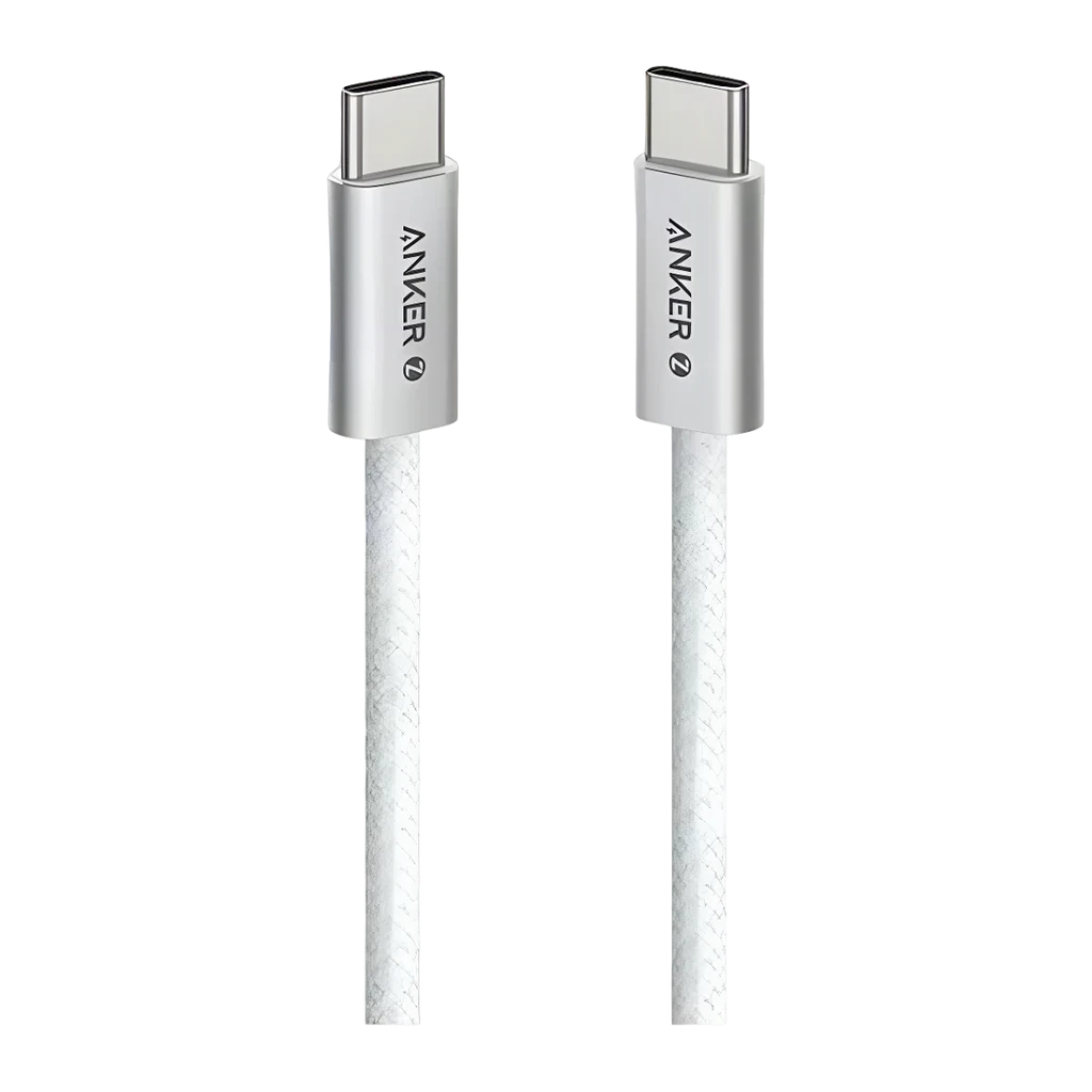 Câble USB Anker USB-C vers USB-C 240W 1m Blanc A8060H21, détail: deux connecteurs USB-C argentés avec tresse blanche