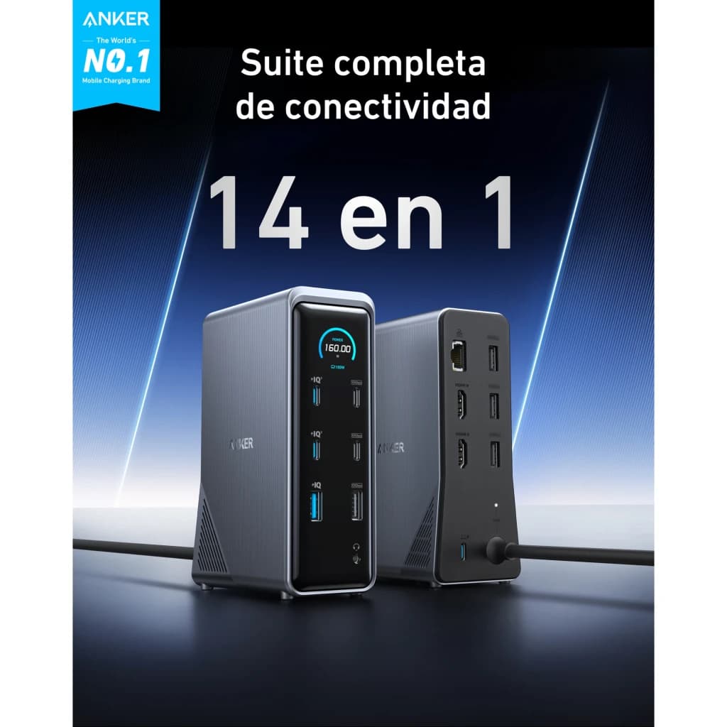 Docking Station Anker Prime 14 en 1 Negro, frontal y trasera: pantalla de potencia 160W, puertos USB-C, USB-A, HDMI