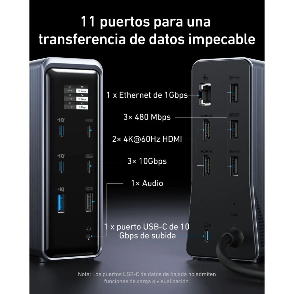 Docking Station Anker Prime 14 en 1 Negro, detalle puertos: frontal y trasera con Ethernet, HDMI 4K, USB-C y USB-A