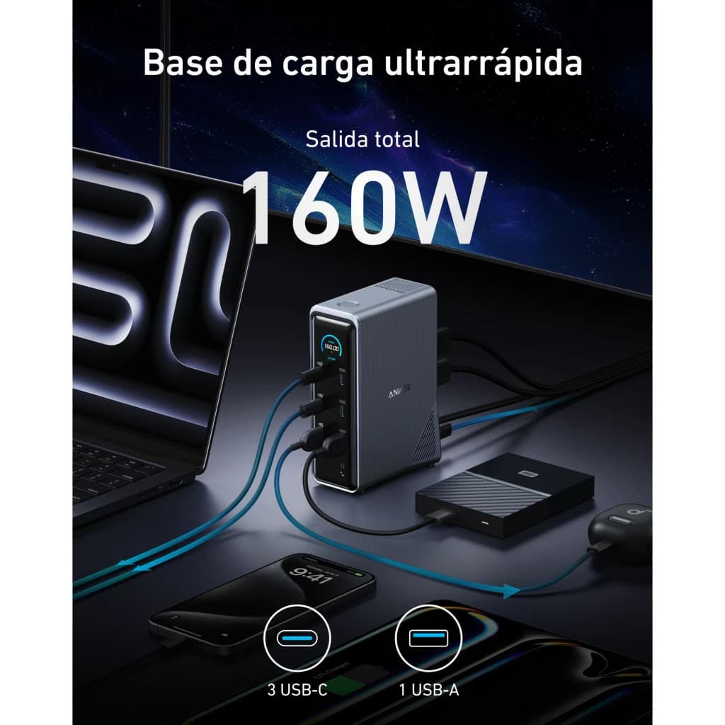 Docking Station Anker Prime 14 en 1 Negro, escena: salida total 160W con 3 USB-C y 1 USB-A conectados a portátil y disco duro