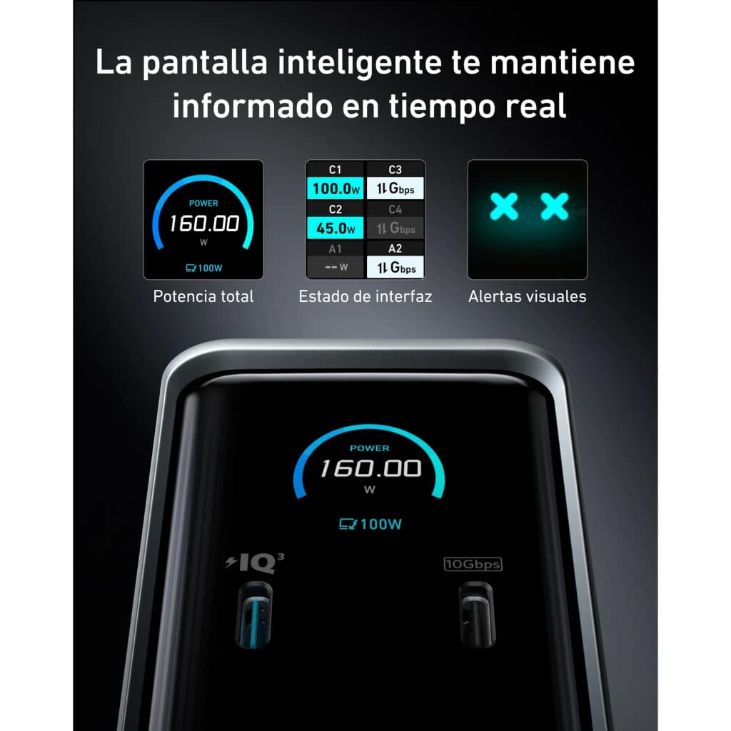 Docking Station Anker Prime 14 en 1 Negro, detalle pantalla: display inteligente mostrando 160W potencia, estado de puertos