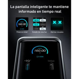 Docking Station Anker Prime 14 en 1 Negro, detalle pantalla: display inteligente mostrando 160W potencia, estado de puertos