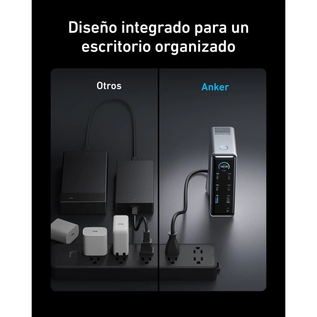 Docking Station Anker Prime 14 en 1 Negro, comparativa: escritorio ordenado vs múltiples adaptadores sueltos