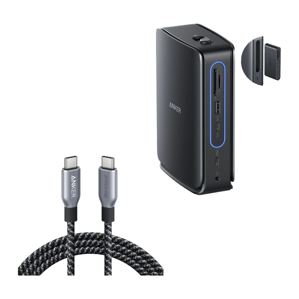 Anker Nano Docking Station 13-en-1 Noir, vue avant: ports rétroéclairés en bleu, support latéral et câble USB-C tressé inclus