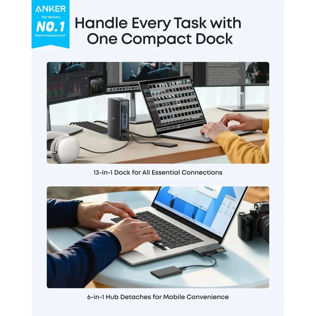 Anker Nano Docking Station 13-en-1 Noir, lifestyle: dock sur bureau avec deux écrans et hub détaché avec ordinateur portable