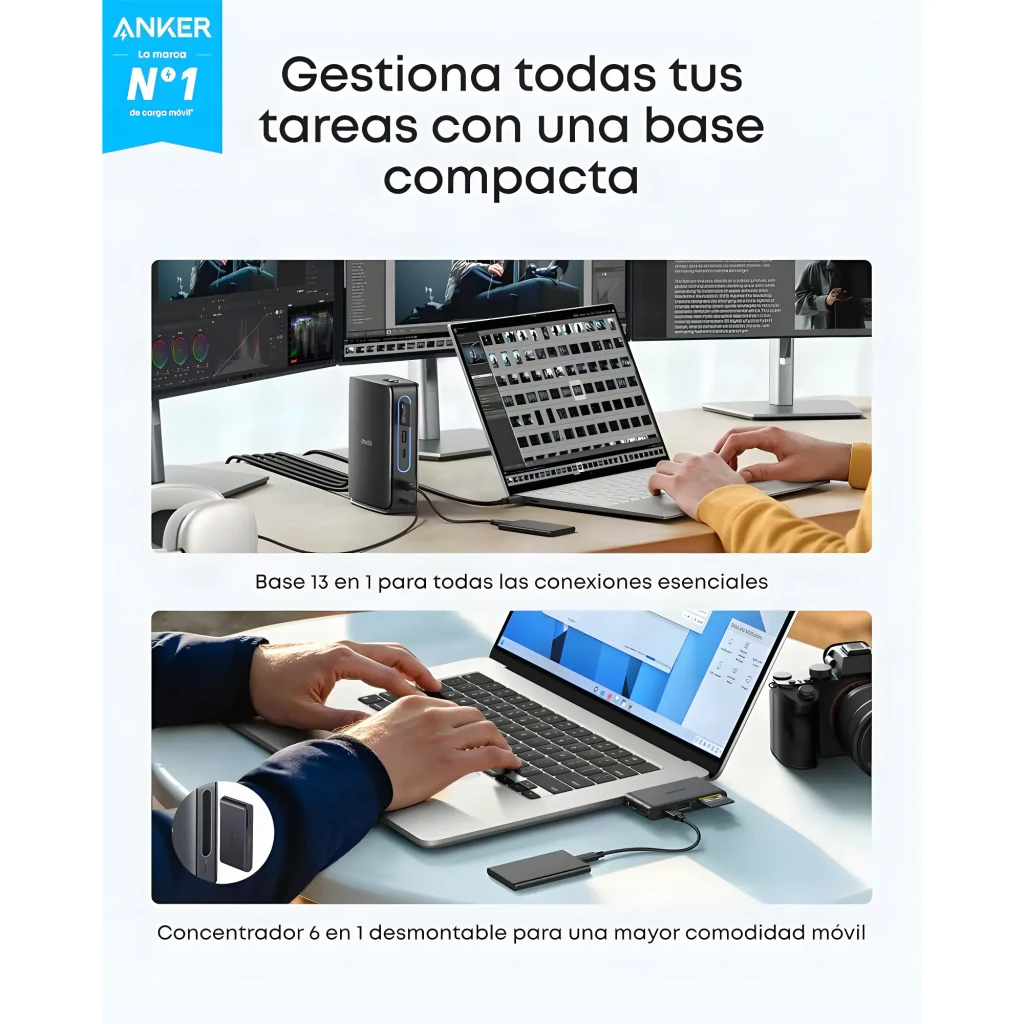 Anker Nano Docking Station 13-en-1 Noir, bureau: connectée à un laptop et trois moniteurs avec hub détachable 6-en-1