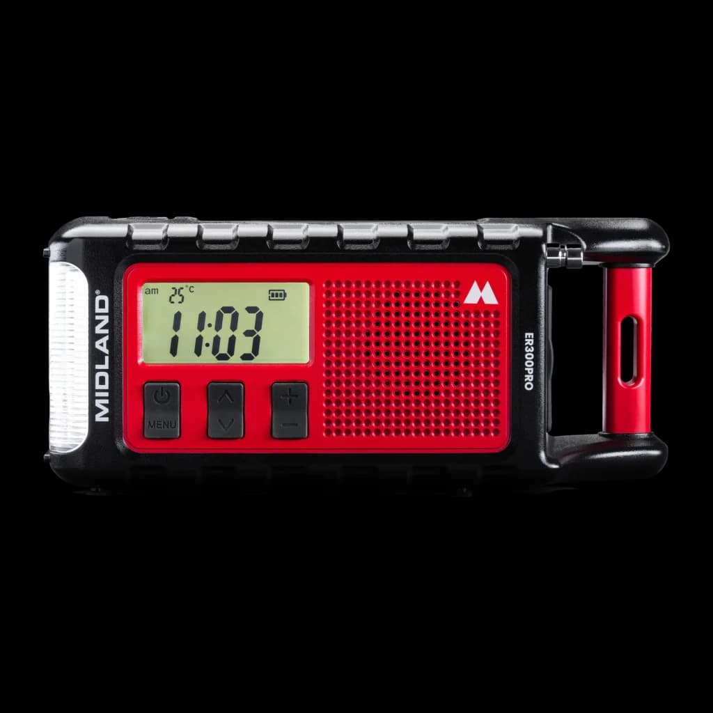 Radio de emergencia Midland ER300 Pro Litio 10000mAh FM Negro, vista frontal: pantalla LCD, altavoz rojo, linterna lateral