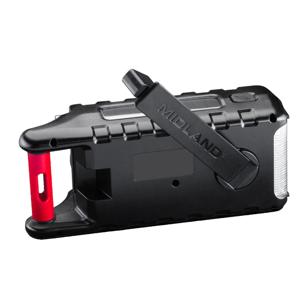 Radio de emergencia Midland ER300 Pro Litio 10000mAh FM Negro, vista trasera en ángulo: manivela roja, linterna lateral