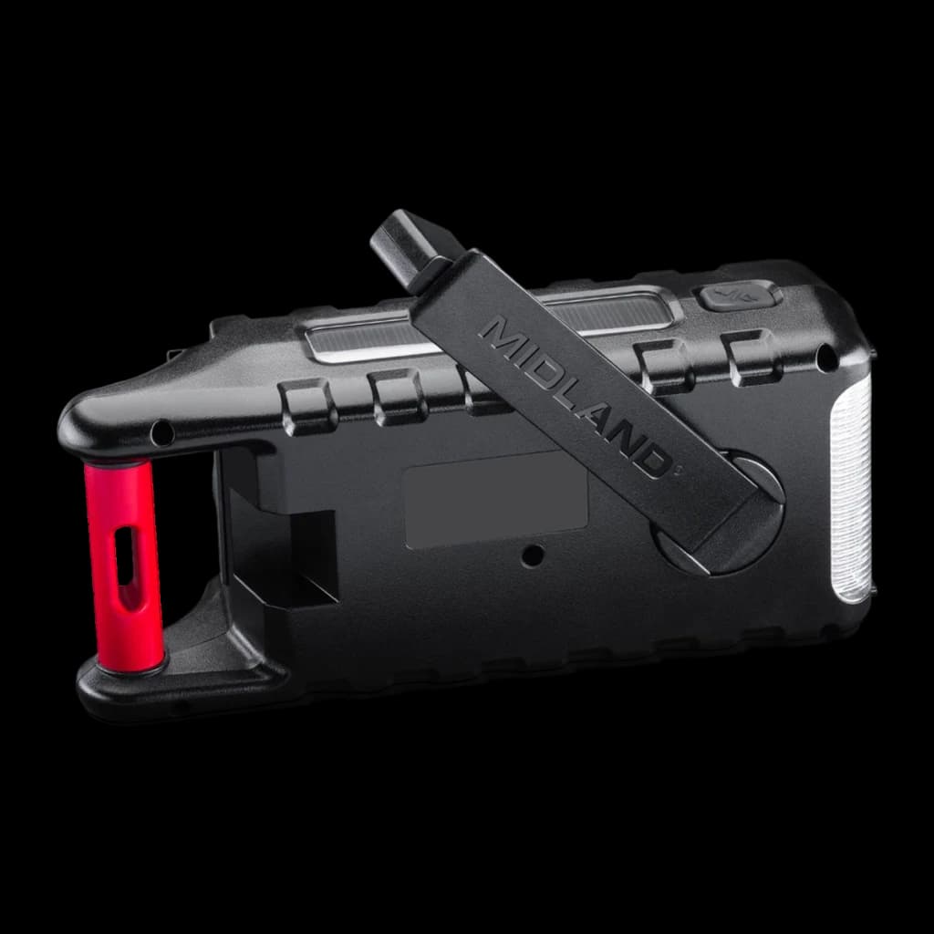 Radio de emergencia Midland ER300 Pro Litio 10000mAh FM Negro, vista trasera en ángulo: manivela roja, linterna lateral