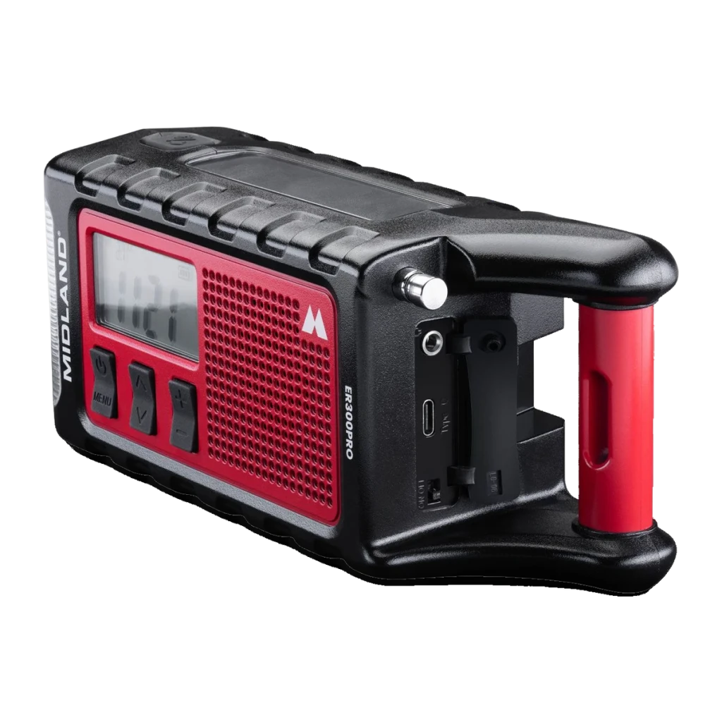 Radio de emergencia Midland ER300 Pro Litio 10000mAh FM Negro, vista lateral: manivela roja, puerto USB-C y antena visibles