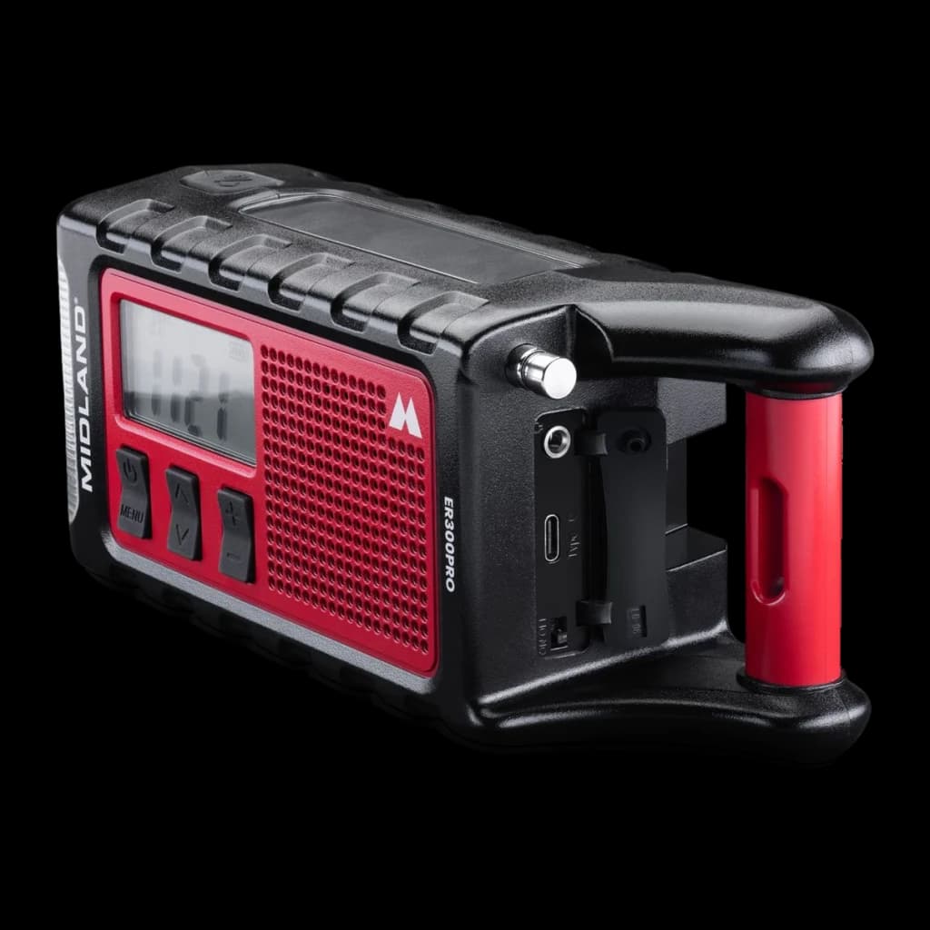 Radio de emergencia Midland ER300 Pro Litio 10000mAh FM Negro, vista lateral: manivela roja, puerto USB-C y antena visibles