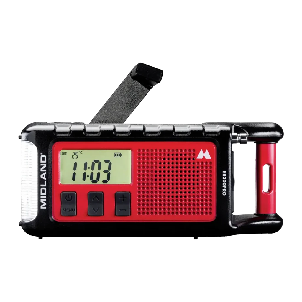 Radio de emergencia Midland ER300 Pro Litio 10000mAh FM Negro, vista frontal: pantalla LCD con hora, altavoz rojo y manivela