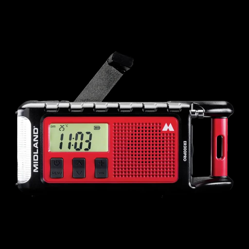 Radio de emergencia Midland ER300 Pro Litio 10000mAh FM Negro, vista frontal: pantalla LCD con hora, altavoz rojo y manivela
