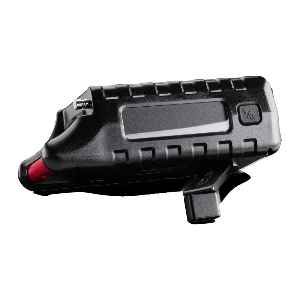 Radio de emergencia Midland ER300 Pro Litio 10000mAh FM Negro, lateral: panel solar, manivela y botón rojo visibles