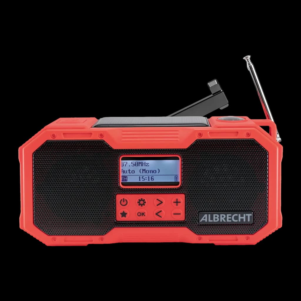 Radio Midland DR112 Outdoor Recargable DAB+, FM Batería + Solar, vista frontal: carcasa roja, panel solar, antena