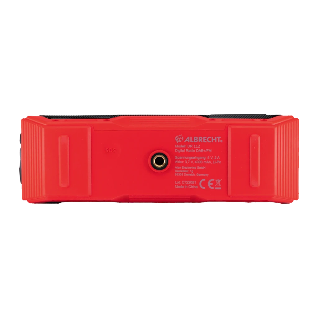 Radio Midland DR112 Outdoor Recargable DAB+, FM Batería + Solar, vista trasera: carcasa roja con etiqueta Albrecht, jack 3,5