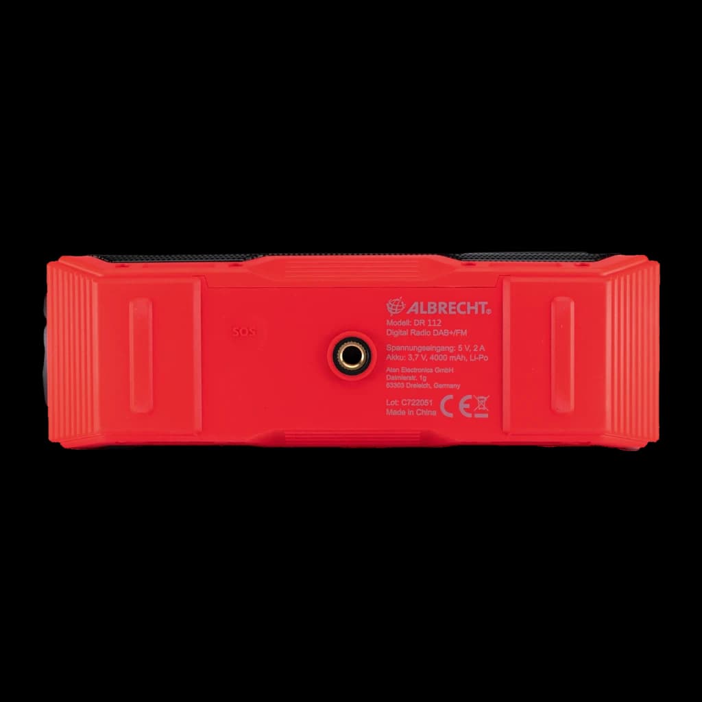 Radio Midland DR112 Outdoor Recargable DAB+, FM Batería + Solar, vista trasera: carcasa roja con etiqueta Albrecht, jack 3,5