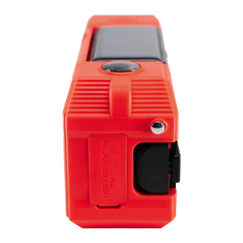Radio Midland DR112 Outdoor Recargable DAB+, FM Batería + Solar roja, lateral: puertos USB OUT y DC IN 5V con tapa