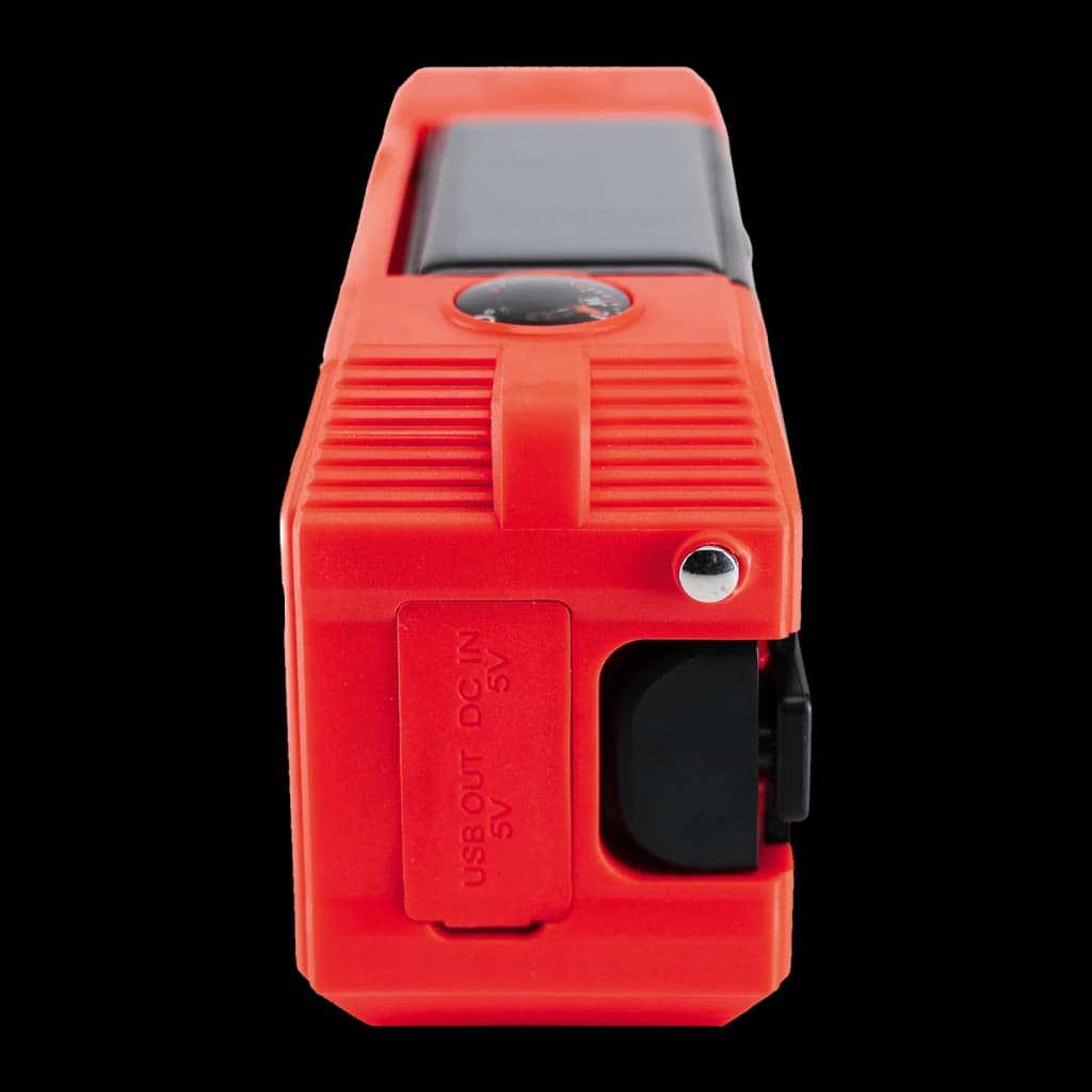 Radio Midland DR112 Outdoor Recargable DAB+, FM Batería + Solar roja, lateral: puertos USB OUT y DC IN 5V con tapa