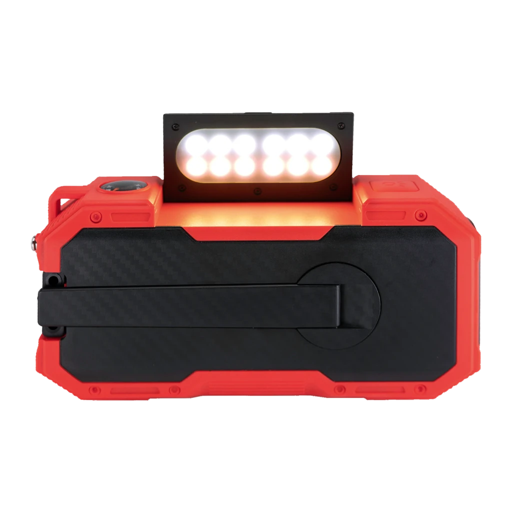 Radio Midland DR112 Outdoor Recargable DAB+, FM Batería + Solar, lateral: linterna LED encendida con luz blanca y naranja