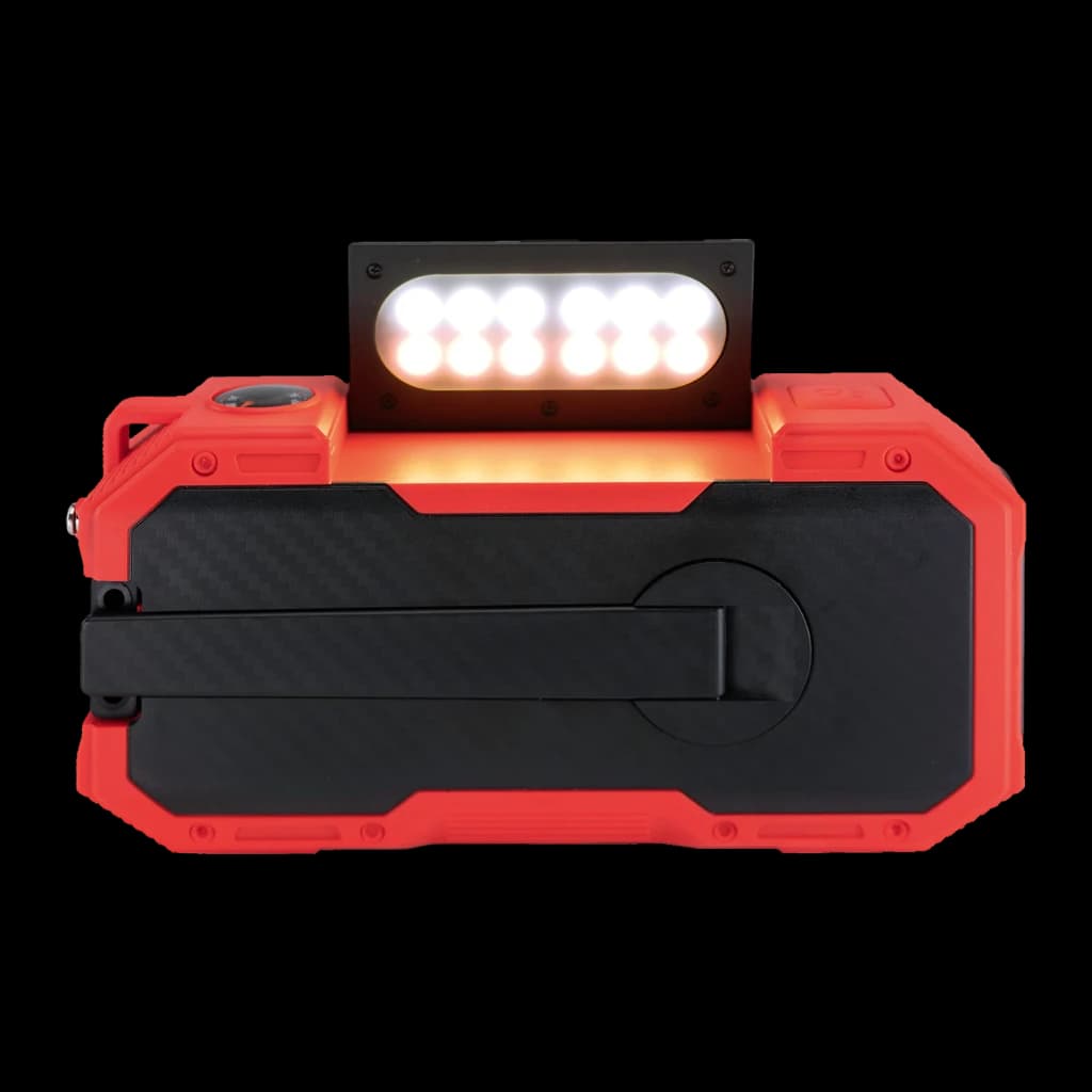 Radio Midland DR112 Outdoor Recargable DAB+, FM Batería + Solar, lateral: linterna LED encendida con luz blanca y naranja
