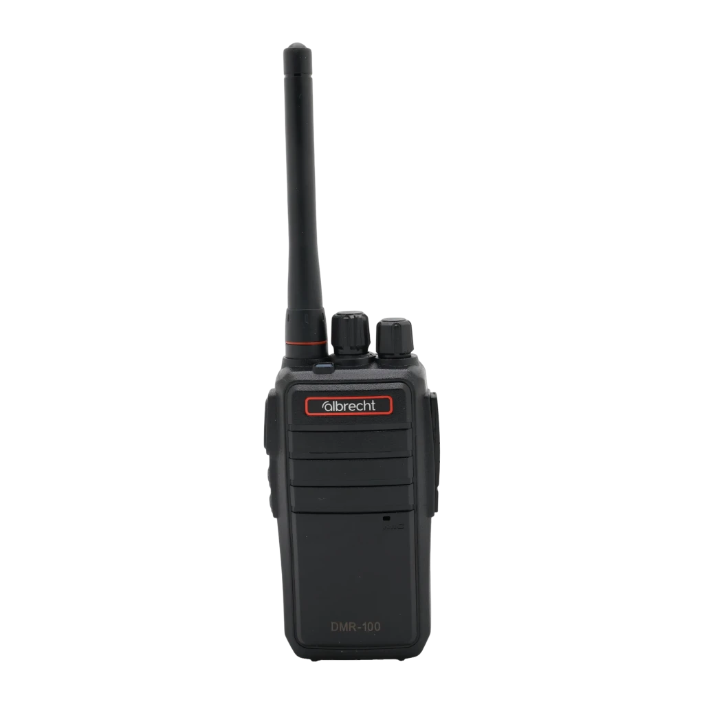 Walkie Talkie Midland PMR446 32 Canales Individual DMR-100, vista frontal: cuerpo negro con logo Albrecht en rojo, antena