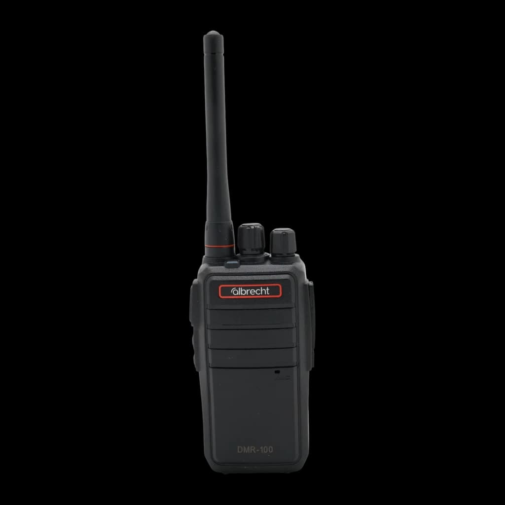 Walkie Talkie Midland PMR446 32 Canales Individual DMR-100, vista frontal: cuerpo negro con logo Albrecht en rojo, antena