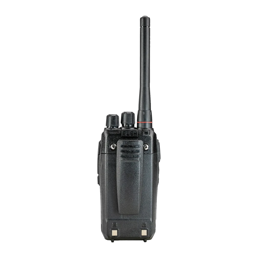 Walkie Talkie Midland PMR446 32 Canales Individual DMR-100, vista lateral: antena con anillo rojo, clip trasero y conectores