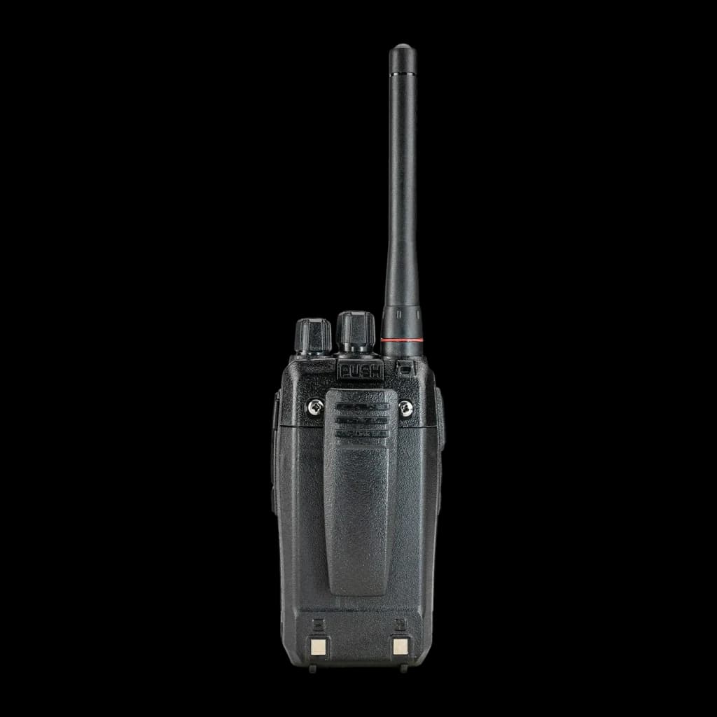 Walkie Talkie Midland PMR446 32 Canales Individual DMR-100, vista lateral: antena con anillo rojo, clip trasero y conectores