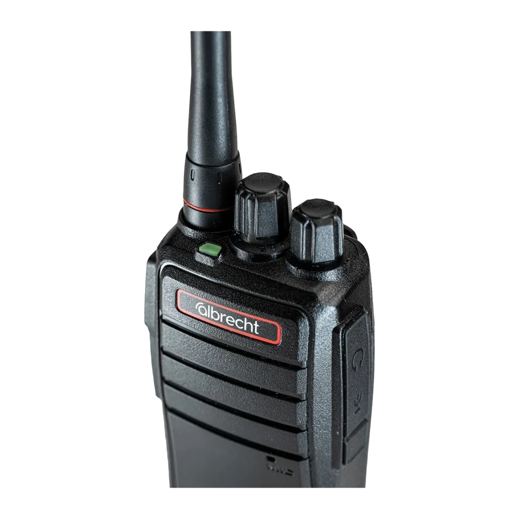Walkie Talkie Midland PMR446 32 Canales Individual DMR-100, detalle frontal: antena, dos mandos giratorios y logo Albrecht