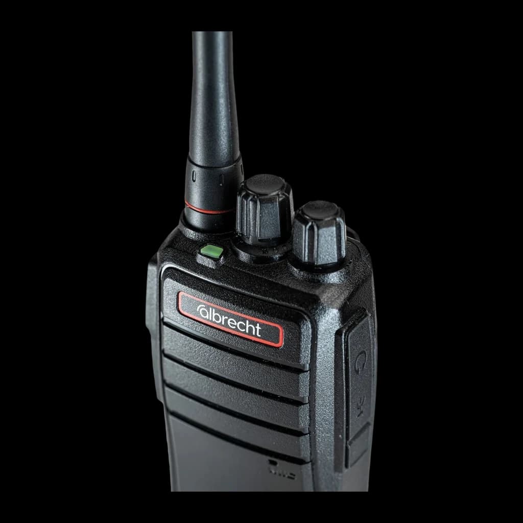 Walkie Talkie Midland PMR446 32 Canales Individual DMR-100, detalle frontal: antena, dos mandos giratorios y logo Albrecht