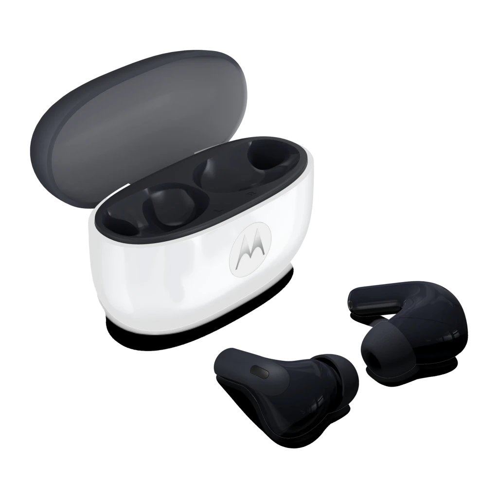 Auriculares Motorola Moto Buds 2 Carbon Cancelación de Ruido TWS Bluetooth 6.0, vista general: estuche blanco abierto