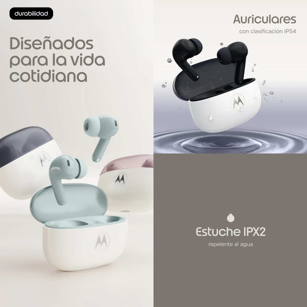Auriculares Motorola Moto Buds 2 Carbon Cancelación de Ruido TWS Bluetooth 6.0, infografía: resistencia IP54 y estuche IPX2