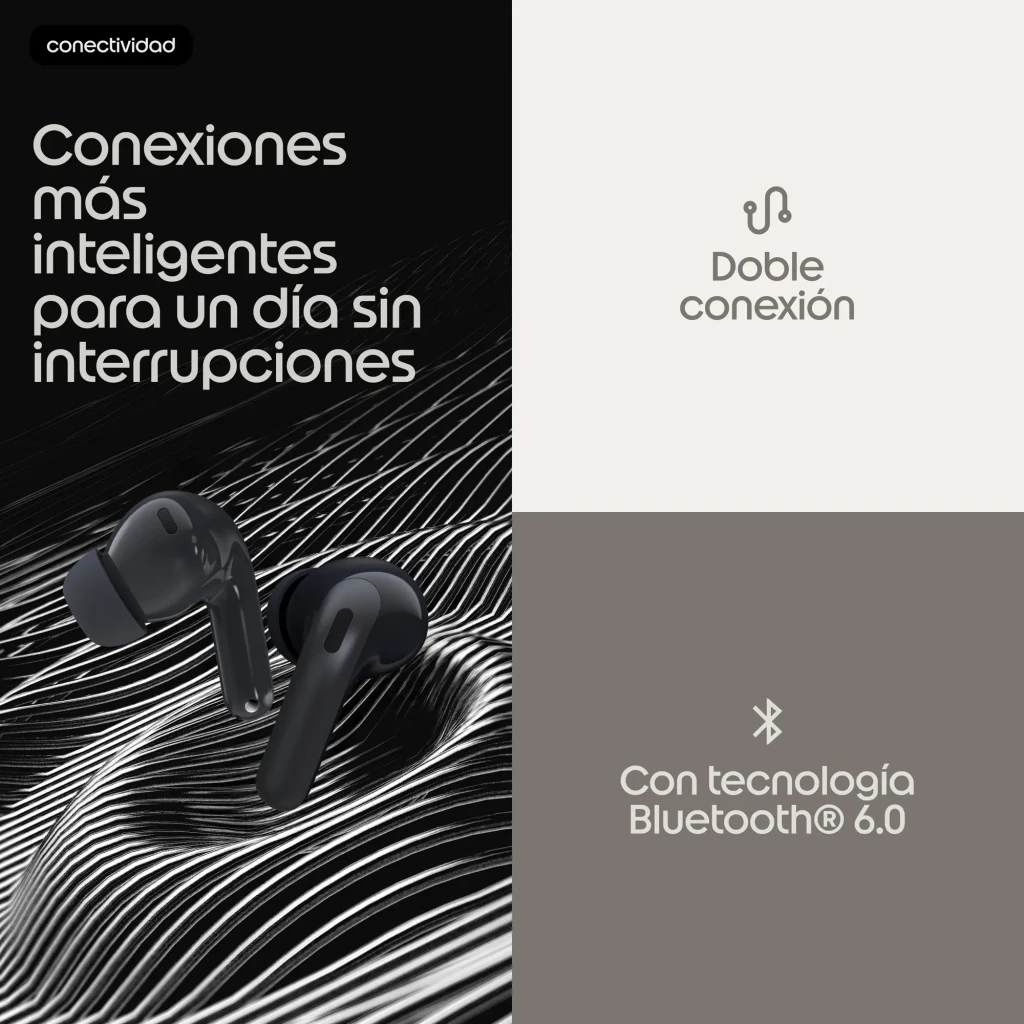 Auriculares Motorola Moto Buds 2 Carbon Cancelación de Ruido TWS Bluetooth 6.0, infografía: doble conexión y Bluetooth 6.0