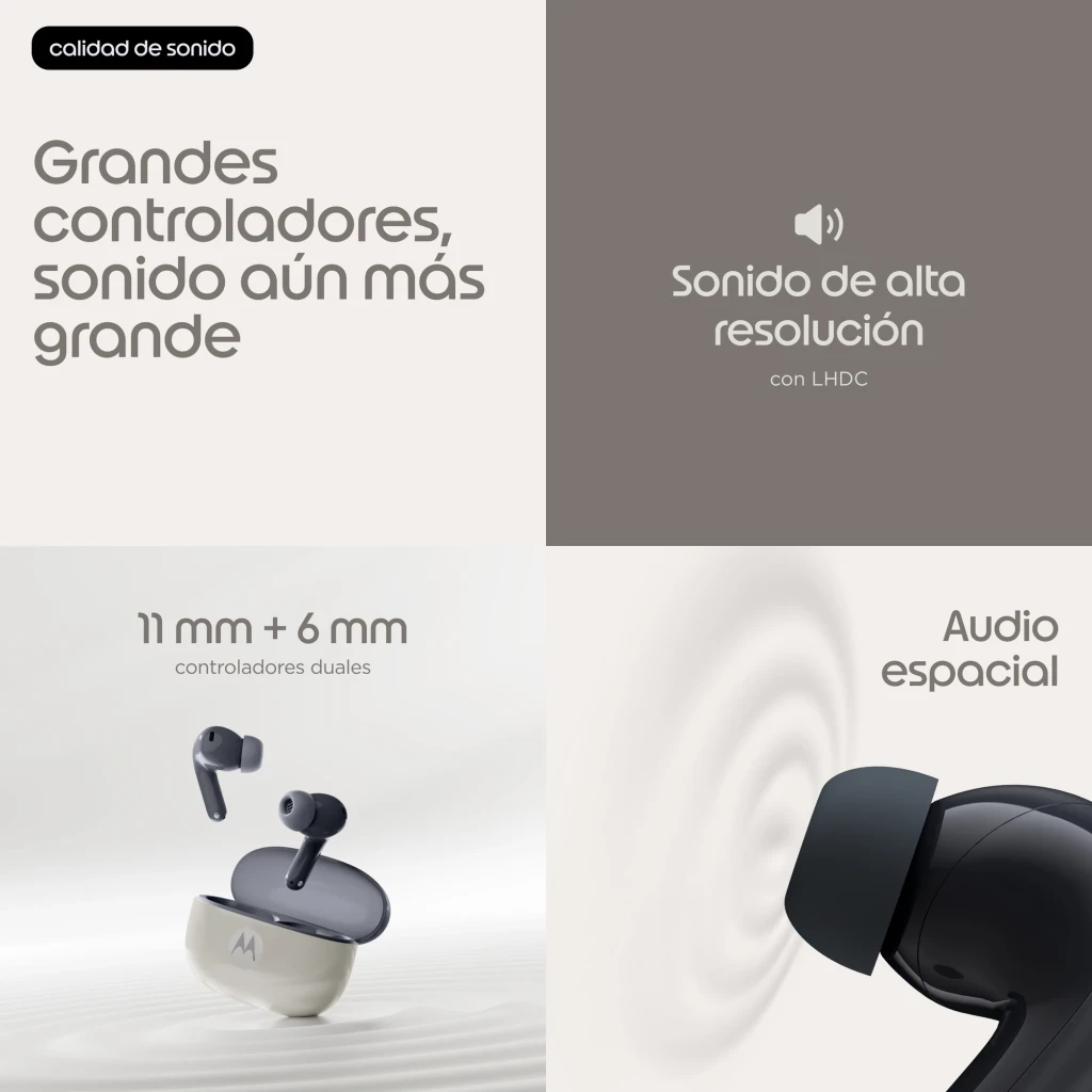 Auriculares Motorola Moto Buds 2 Carbon Cancelación de Ruido TWS Bluetooth 6.0, infografía: controladores duales 11mm+6mm