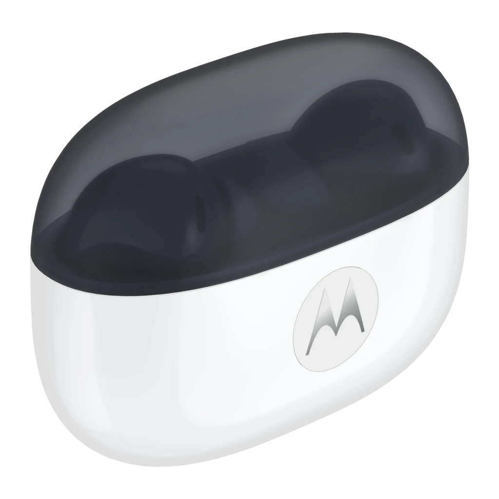 Auriculares Motorola Moto Buds 2 Carbon Cancelación de Ruido TWS Bluetooth 6.0, estuche abierto: tapa semitransparente gris