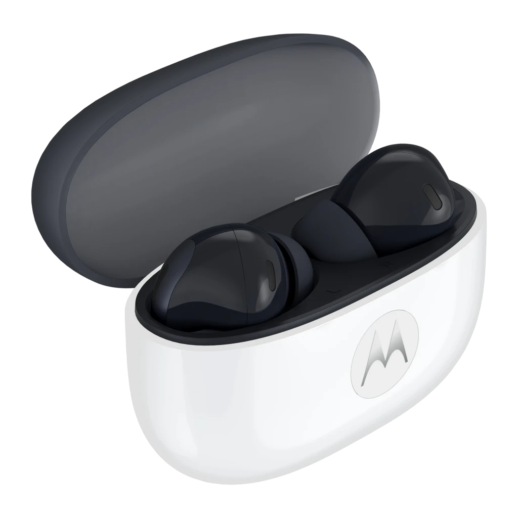 Auriculares Motorola Moto Buds 2 Carbon Cancelación de Ruido TWS Bluetooth 6.0, vista frontal en ángulo: estuche abierto