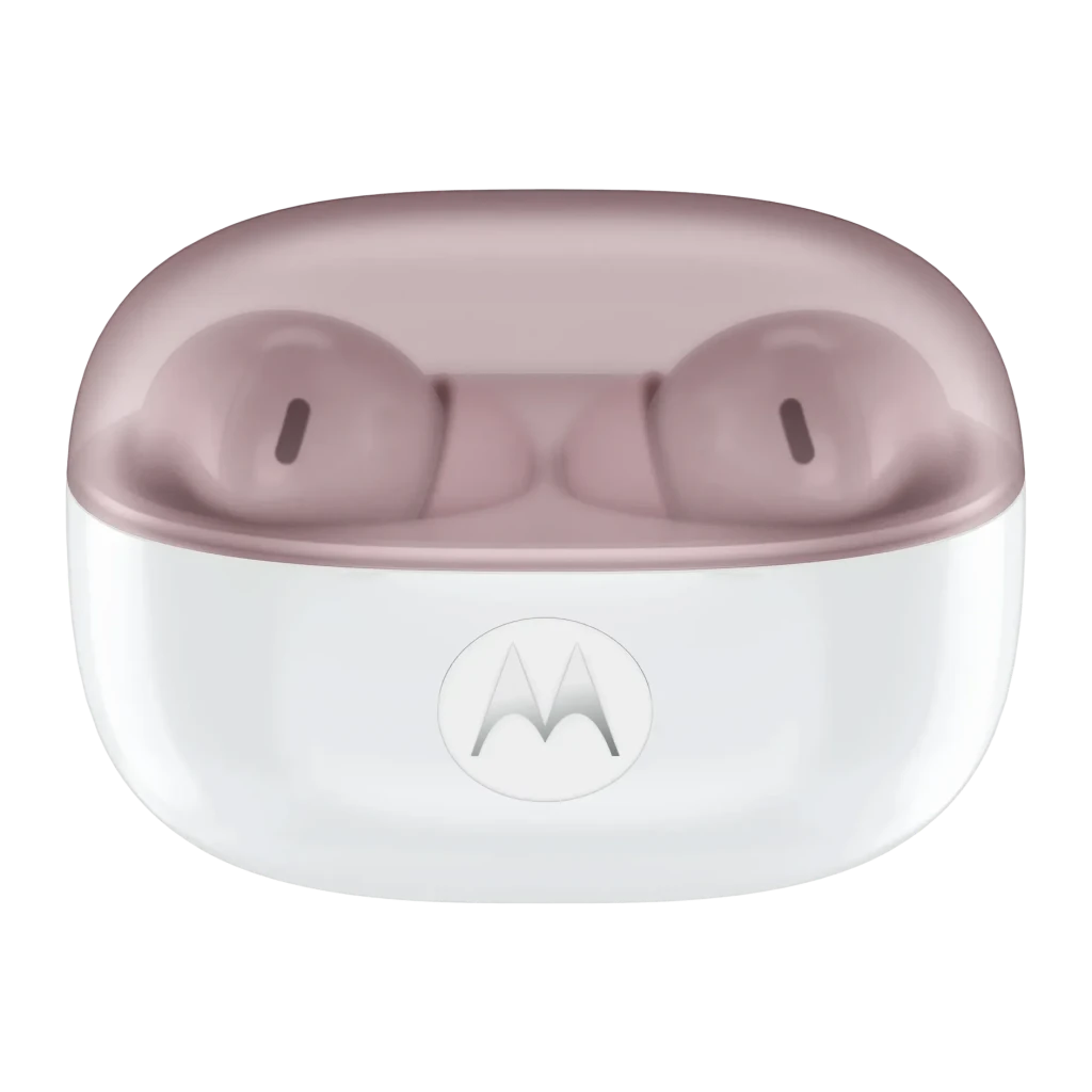 Auriculares Motorola Moto Buds 2 Cancelación de Ruido TWS Bluetooth 6.0 Violeta, estuche abierto frontal: tapa translúcida