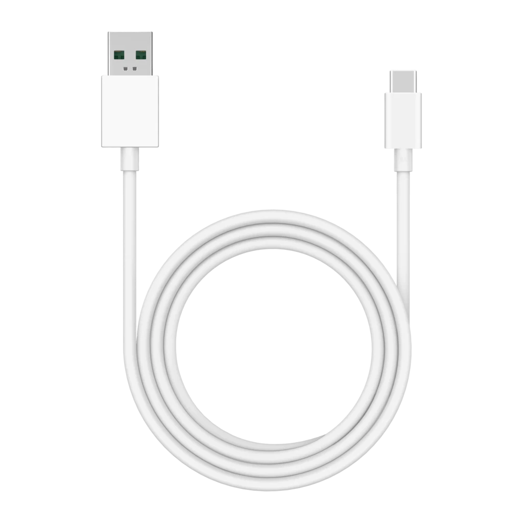 OPPO USB-C Data Cable 8A 1m 80W USB-A vers Blanc, vue avant: connecteurs USB-A et USB-C avec câble enroulé