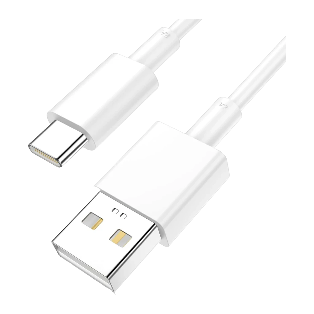 OPPO USB-C Data Cable 8A 1m 80W USB-A vers Blanc, vue diagonale: connecteurs USB-A et USB-C visibles avec contacts dorés