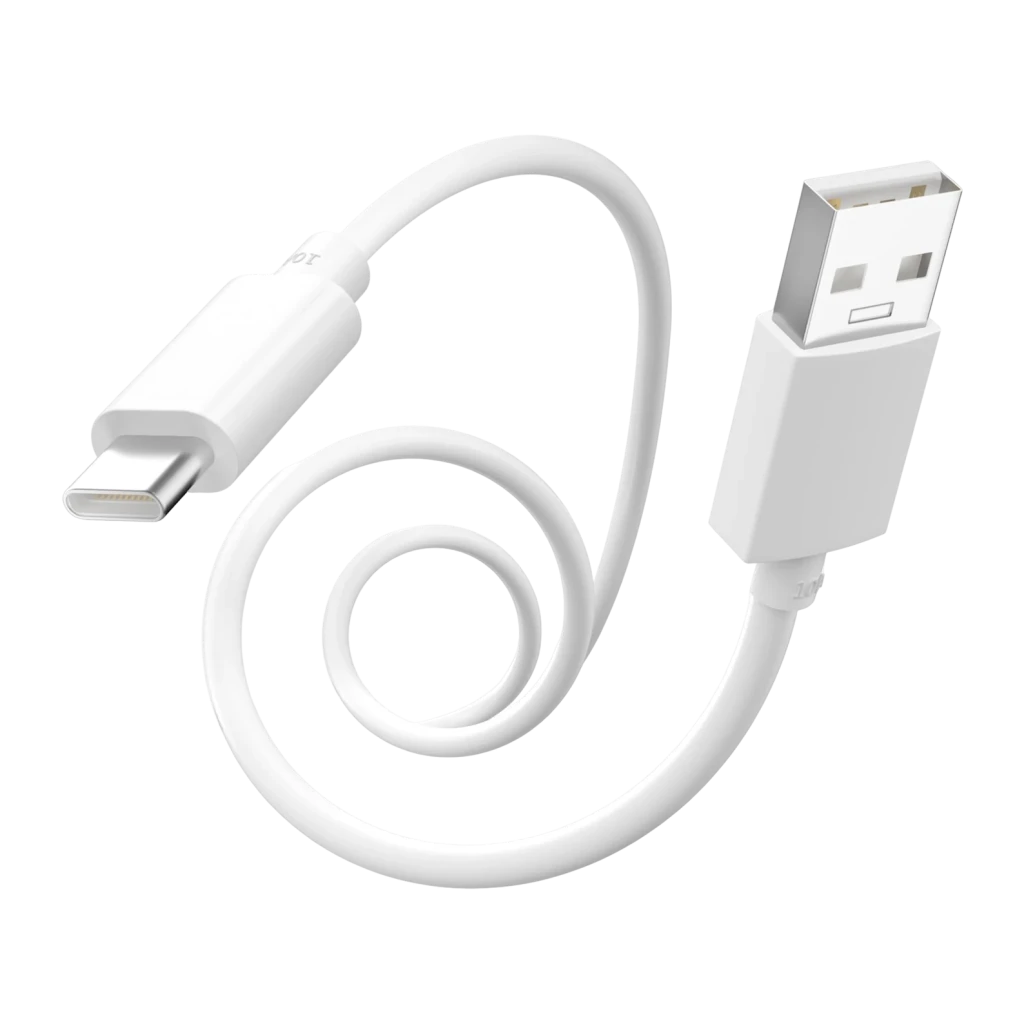 OPPO USB-C Data Cable 8A 1m 80W USB-A vers Blanc, vue générale: câble enroulé avec connecteurs USB-A et USB-C visibles