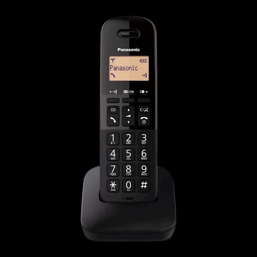 Panasonic KX-TGB610 Negro, vista frontal: auricular en base, pantalla LCD iluminada y teclado numérico grande