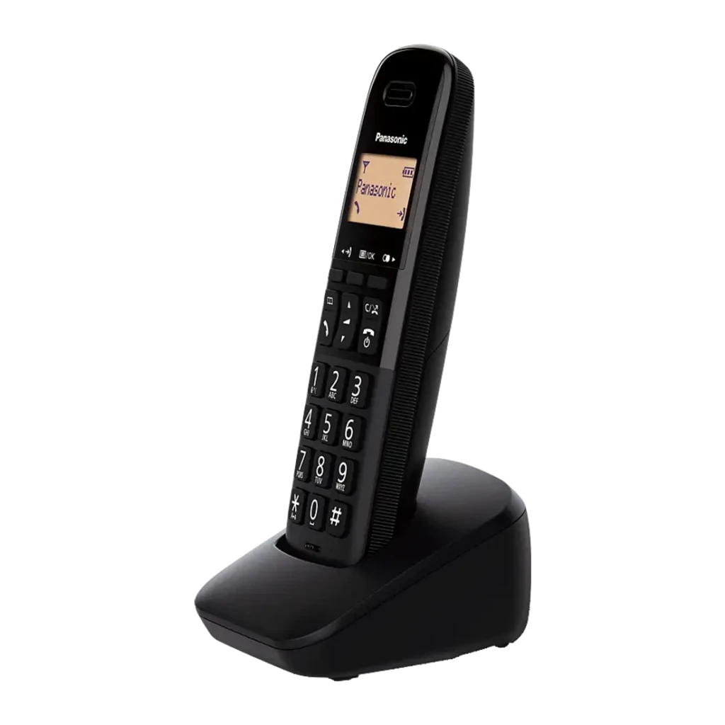 Panasonic KX-TGB610 Negro, vista lateral: auricular en base con pantalla encendida y teclado numérico grande visible