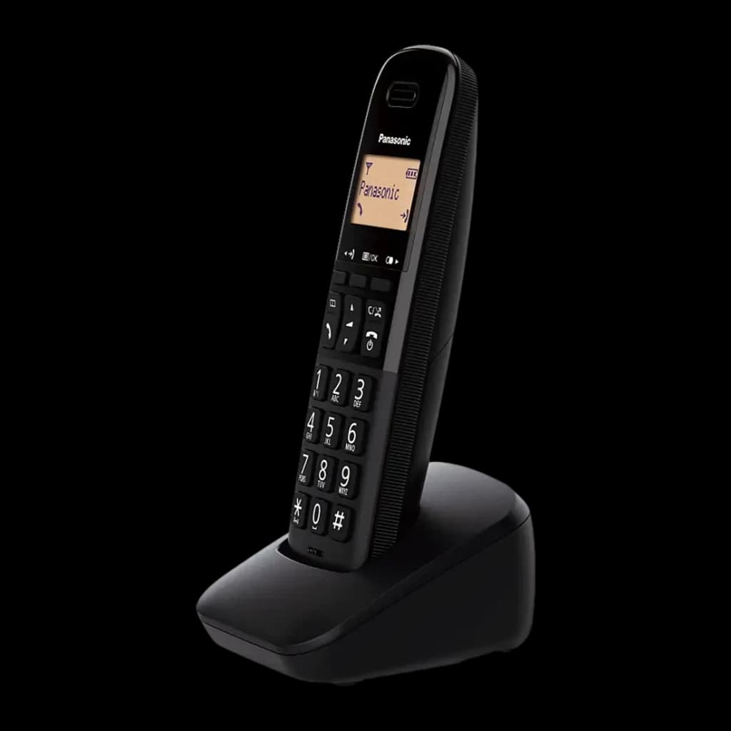 Panasonic KX-TGB610 Negro, vista lateral: auricular en base con pantalla encendida y teclado numérico grande visible
